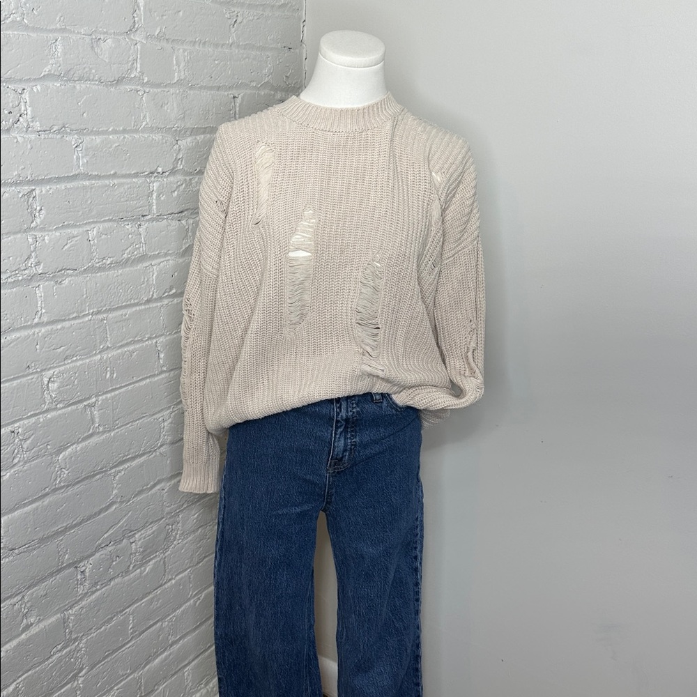 Altar'd State Cream Distressed Knit Boho Sweater, Size Small